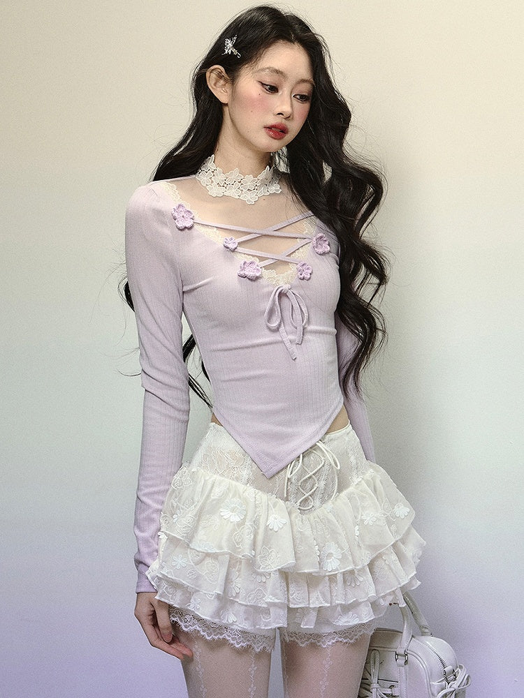 Lila Illusionsausschnitt Überkreuzte Träger Oberteil mit Blumenverzierung Asymmetrischer Saum