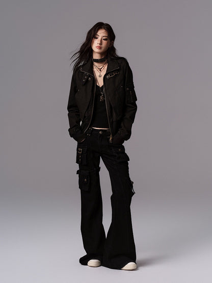 Cinching Waist Neck Lining Vintage Fleece - Jacket Black Mock