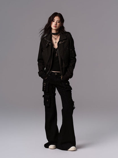 Jacket Cinching Black - Waist Neck Vintage Mock