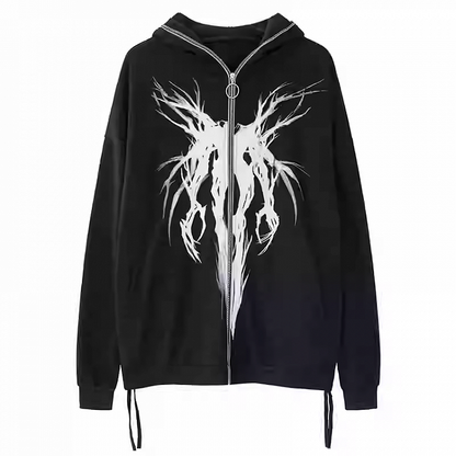 Gothic Schwarzer Kapuzenpullover mit Reißverschluss und lockerer Grafik