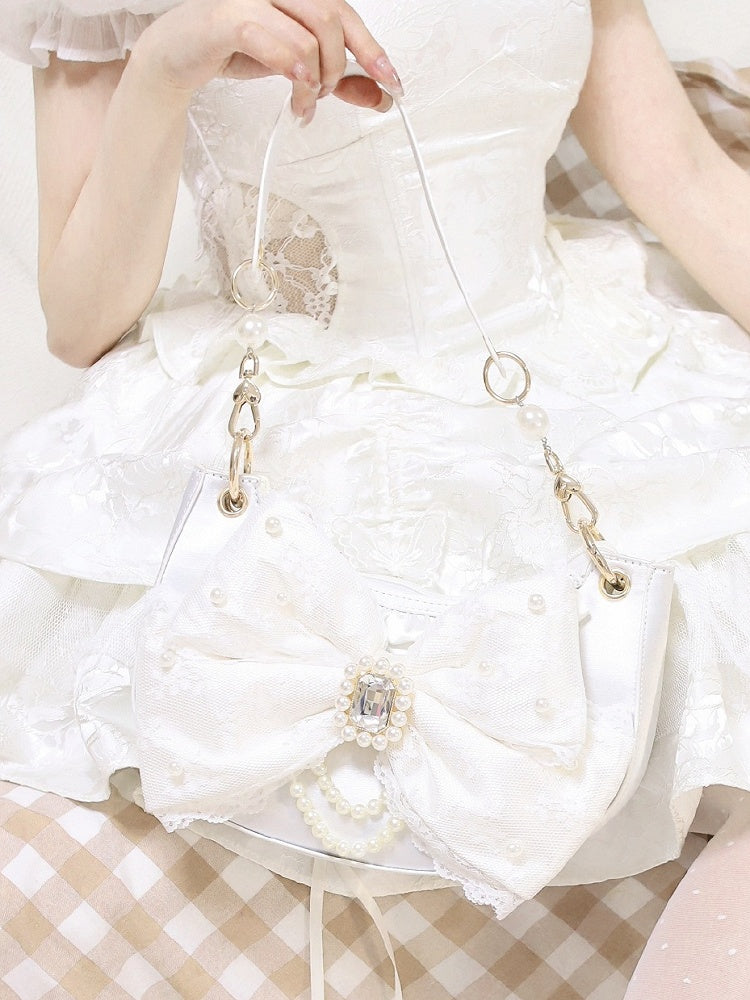 Sweet Lolita Satin Shoulder Bag with Sparkling Beaded Bow - Sheep Puff Bag