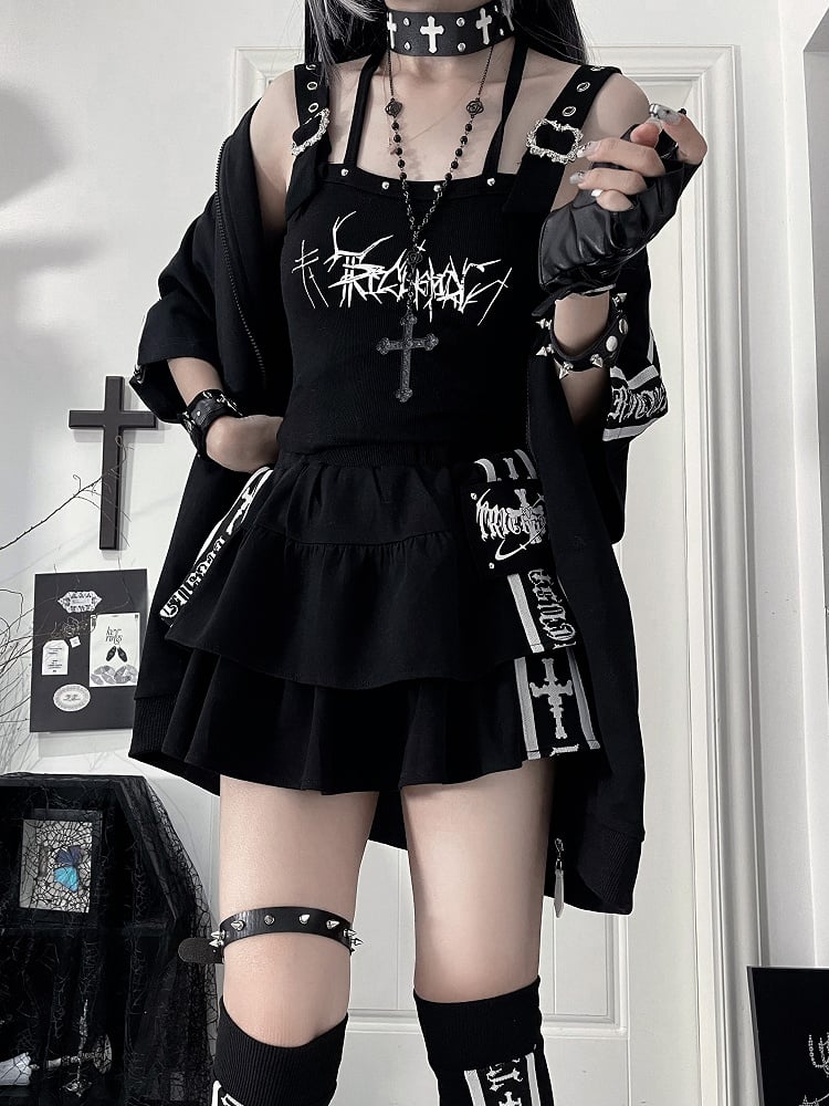 White Skirt Multi-Layer Black with Punk Font Ruffle Side Cross Stripes