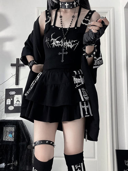 White Skirt Multi-Layer Black with Punk Font Ruffle Side Cross Stripes