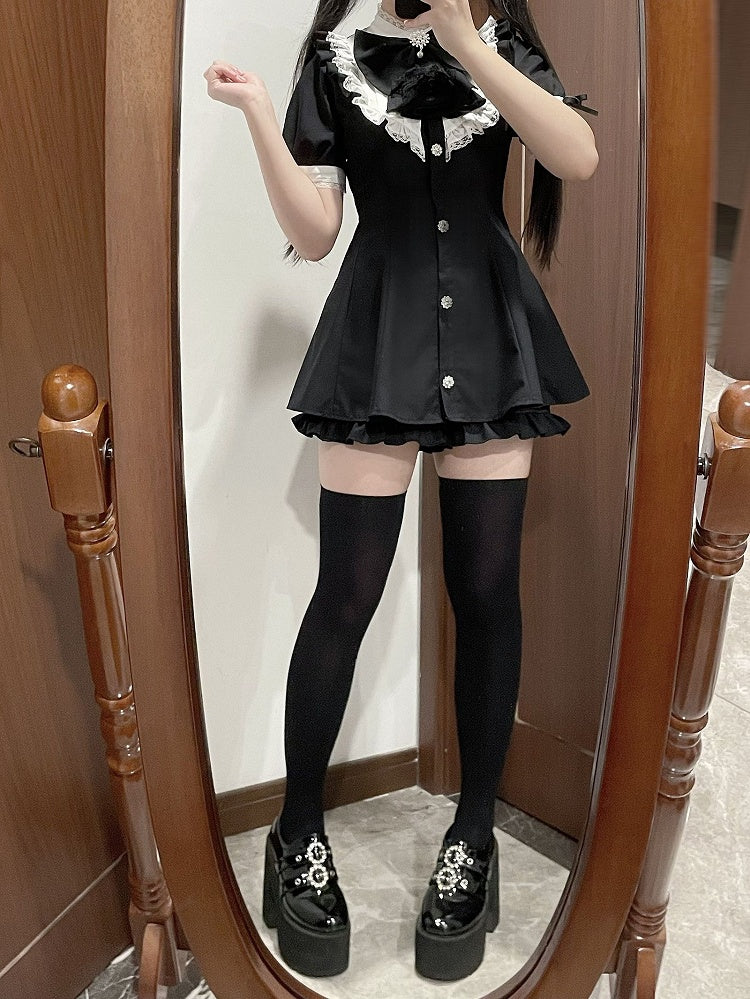 Short Big Jirai Kei Black Detachable Set Sleeves Mini and Jabot Collar Bow Dress+Shorts