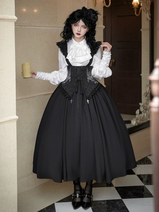 Black Under Bust Boned High Wast Gothic Lolita Skirt with Detachable Straps Long Version