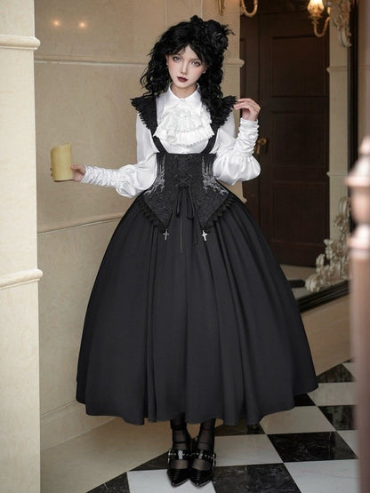 Shirt Long Foldover Gothic Cascading Sleeves Pointed Ruffles Lolita White Collar