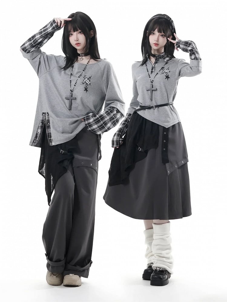 Studs with Pants Gray Metal Loose Straight-Leg