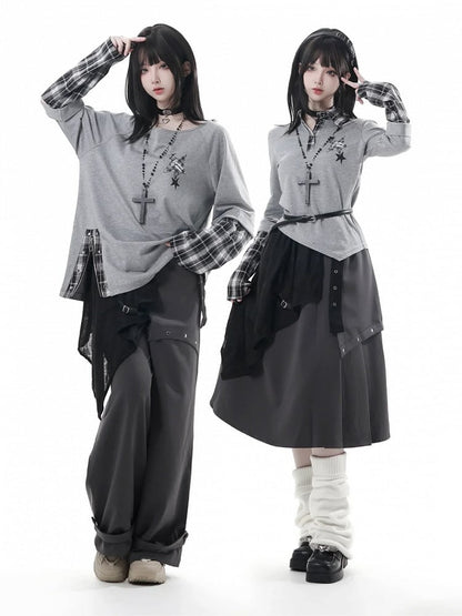Detachable Grey Unisex Zipper Taste Studded Plaid Slit Aesthetic: with Oversized Sleeves Top