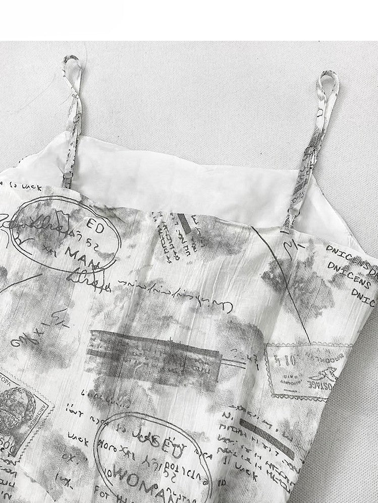 Letter Asymmetrical Hem White With Print Cami Dress