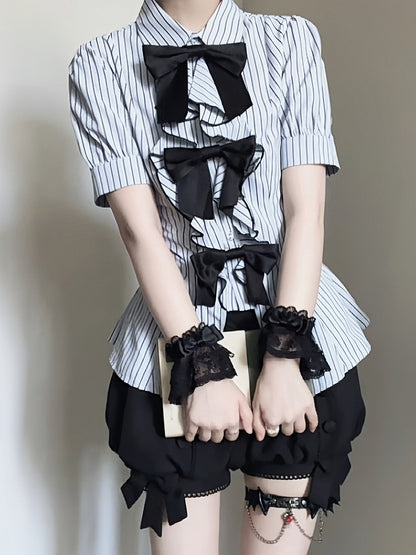 Gray Ouji Lolita Striped Short Sleeve Blouse with Bow Detail - Danger Girl
