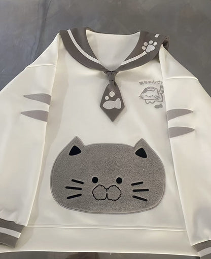 Kawaii Puff Core Cat Sailor with 3D Collar Embroidery Sweatshirt Design Otome White Gray