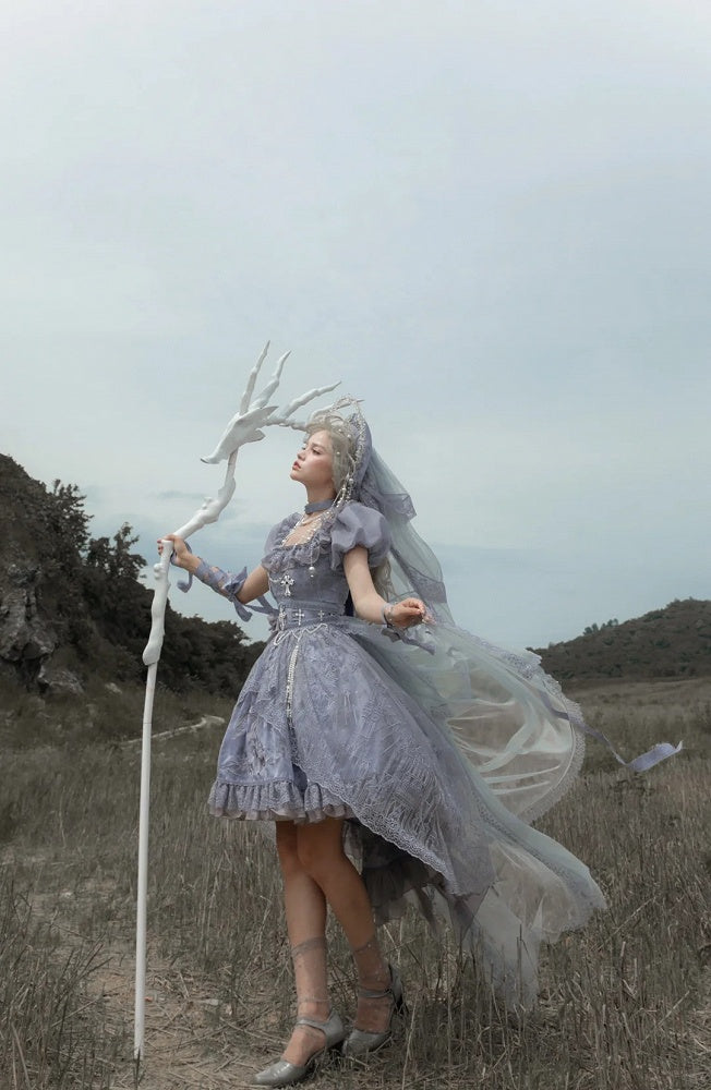 Gray Dragon Bone Embroidery High-low Skirt Dress Gothic Lolita OP with Cathedral Embroidery Overlay