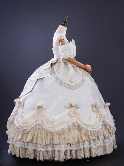 Ruffles Gown Lolita and Version Details Off-Shoulder Hime Hanayome Layered Bow with Champagne Long Lace