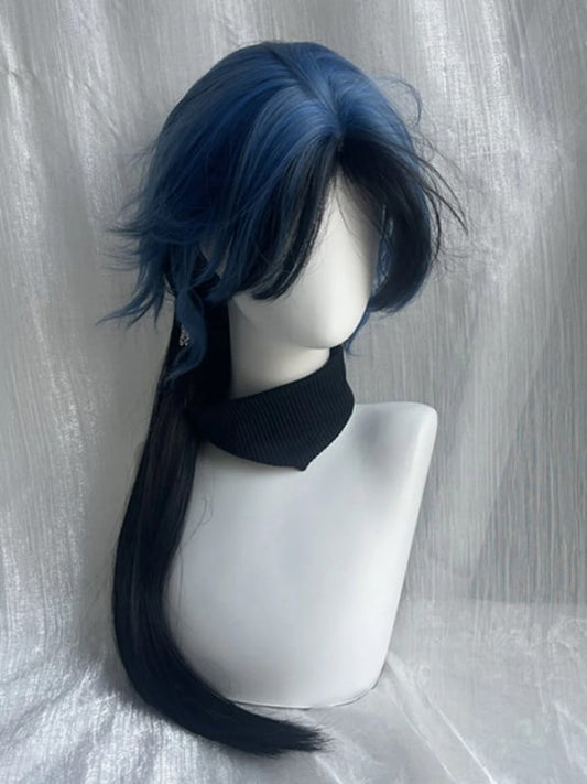 Black Blue Ombre with Curtain Ouji Straight Bangs 60CM Wig Style