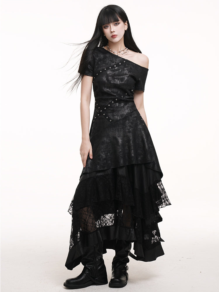 Hem Lace Patches Skirt Black Elastic Waist Asymmetrical