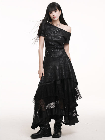 Hem Lace Patches Skirt Black Elastic Waist Asymmetrical