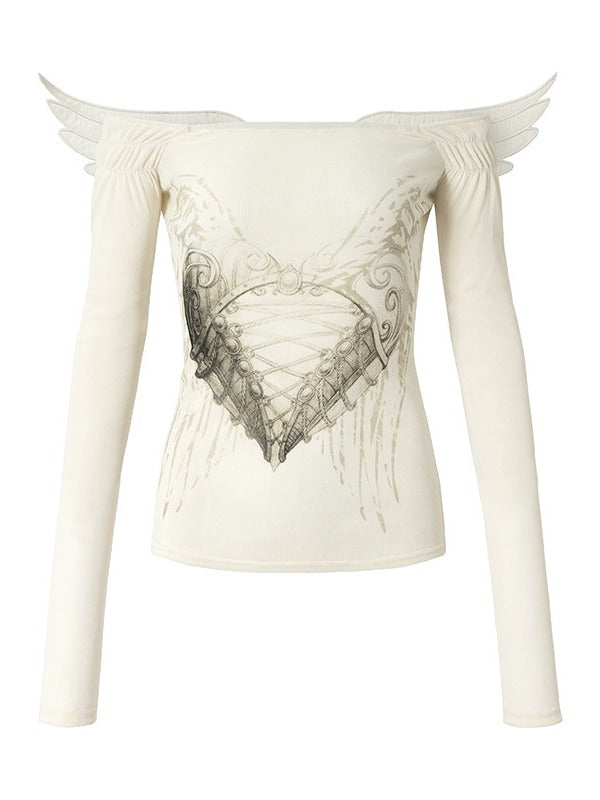 Off-White Heart Print Off-Shoulder Long Sleeve Flocked Knit Top with Back Cutout & Wing Decoration - NO ROMANCE