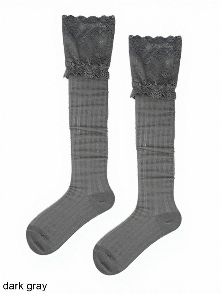 4-Color Lace Trim Calf Socks with Stripe Pattern - ModaSwings