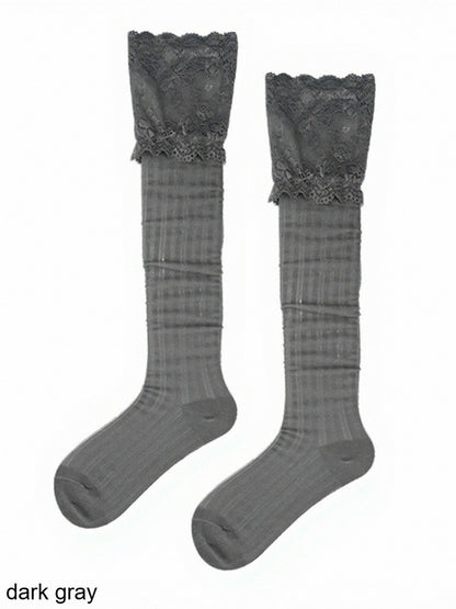 4-Color Lace Trim Calf Socks with Stripe Pattern - ModaSwings