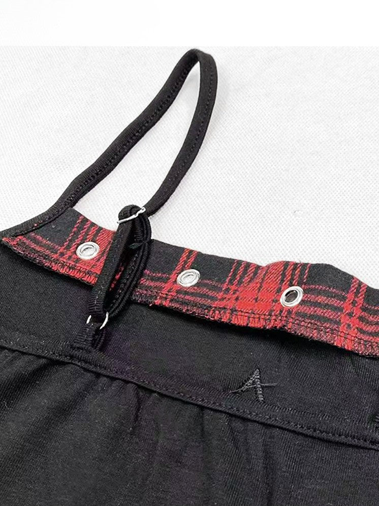 キャミピン ブラックレッド スター Y2K アップリケ トップ 装飾 グラマラス チェック柄