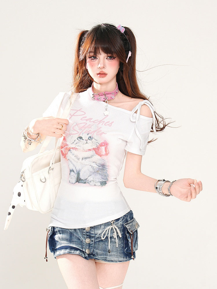 Entzückendes Kätzchen-Print Blau/Weiß T-Shirt Asymmetrischer Ausschnitt Glamourös