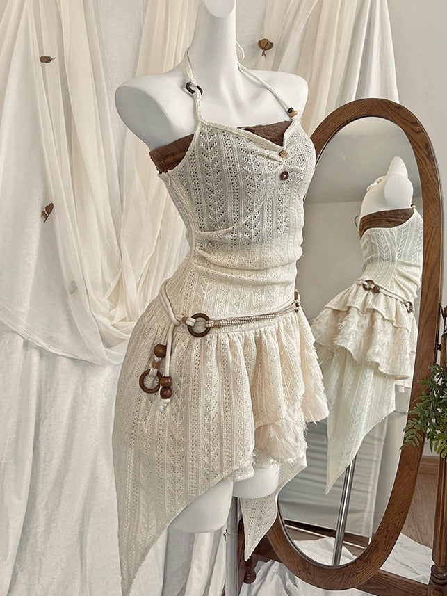 Halter Neck Sleeveless Dress with Asymmetric Hem - Tan Tuan
