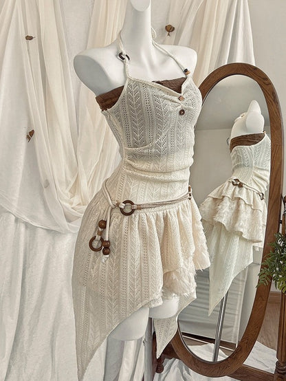 Halter Neck Sleeveless Dress with Asymmetric Hem - Tan Tuan