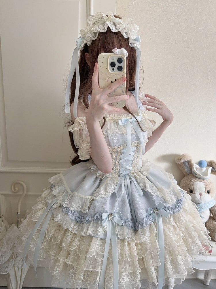Details Sweet + Skirt Bow Large Princess Lace with Train Blue Dress / Ribbon Only Ballet-Style JSK Multi-Layer