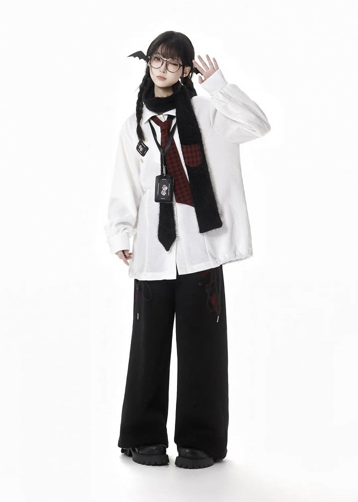 White Long-Sleeve Drawstring-Hem Shirt with Red Plaid Tie