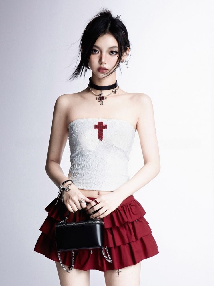 Tiered Skirt Red Cross Applique White Cropped Charms Strapless Top/Red Cross Gothic