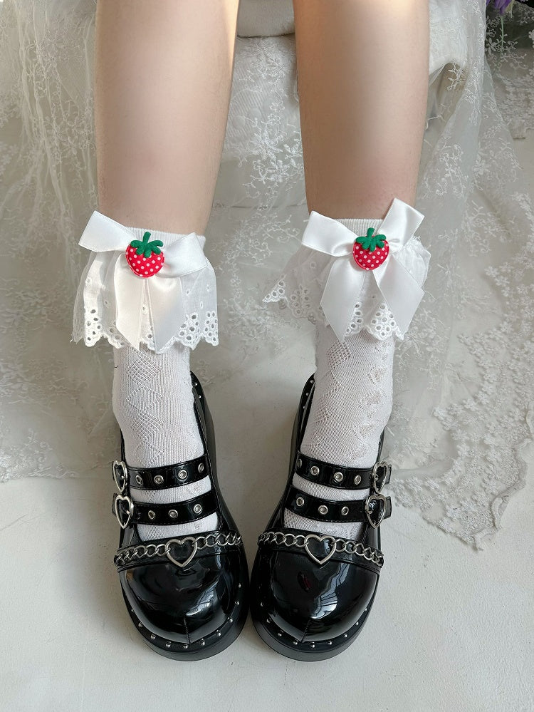 ホワイトストロベリーリボンレーストリムのスイートロリータソックス