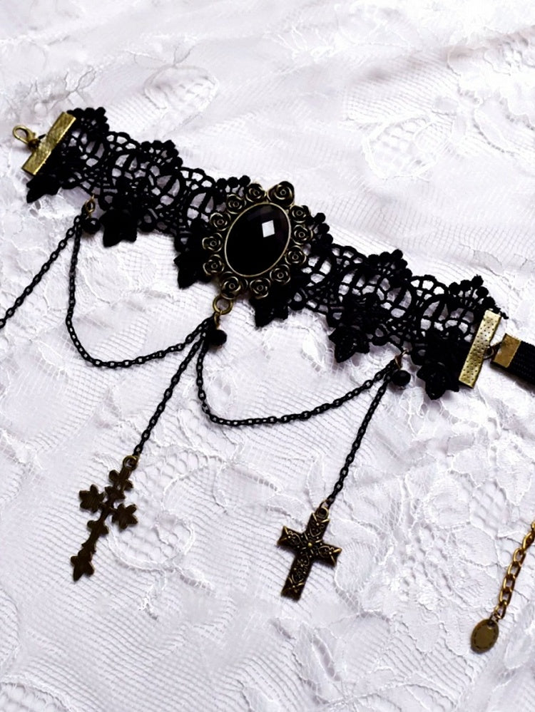 Gothic Rhinestone Lace Arm Cuff with Cross Motif - Mr. Cat