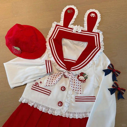 ピンク/ワインのフリルセーラーカラー、うさぎ耳デザイン、バックレッドJK制服トップライト