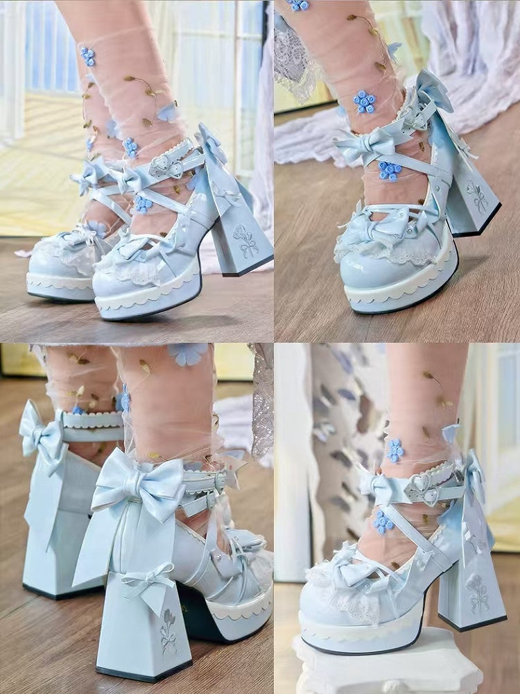 Heart Platform Block Accents Heels with - Sky Height 8cm Heel Lolita Blue Snap Sweet Decorative Striped High Bow
