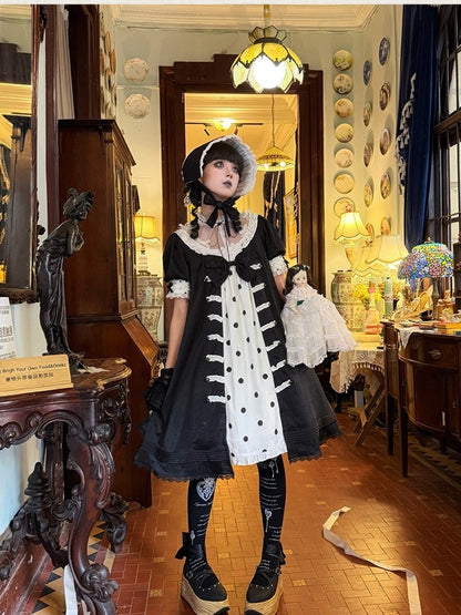 Vintage Gothic Puff Sleeve Lolita Doll Dress with Polka Dot and Lace - Charing Cross