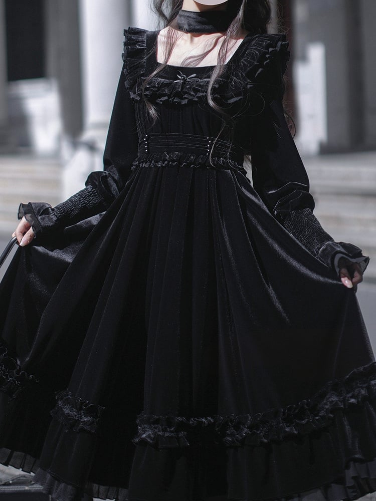 Square Dress Velvet Black Elegant Neckline