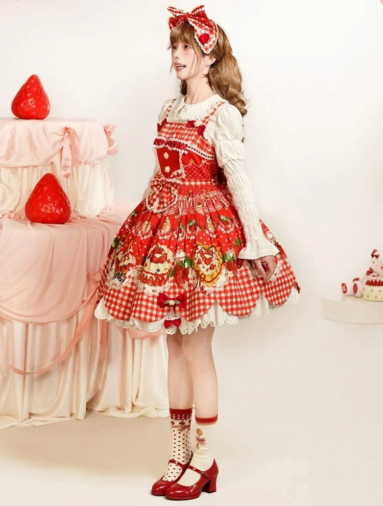 Strawberry Trim with Red JSK Eyelet Cake Lolita Dress Scalloped Print