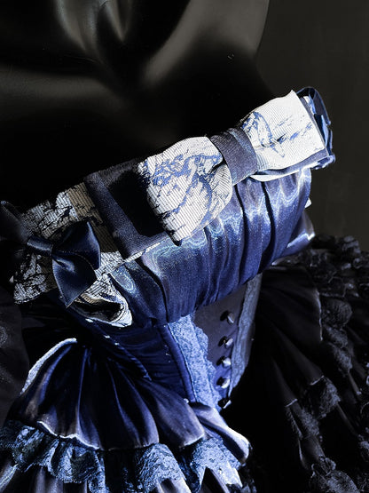 Tiered Dark Princess Accents Dress Blue with Balletcore Lace Basque Waist