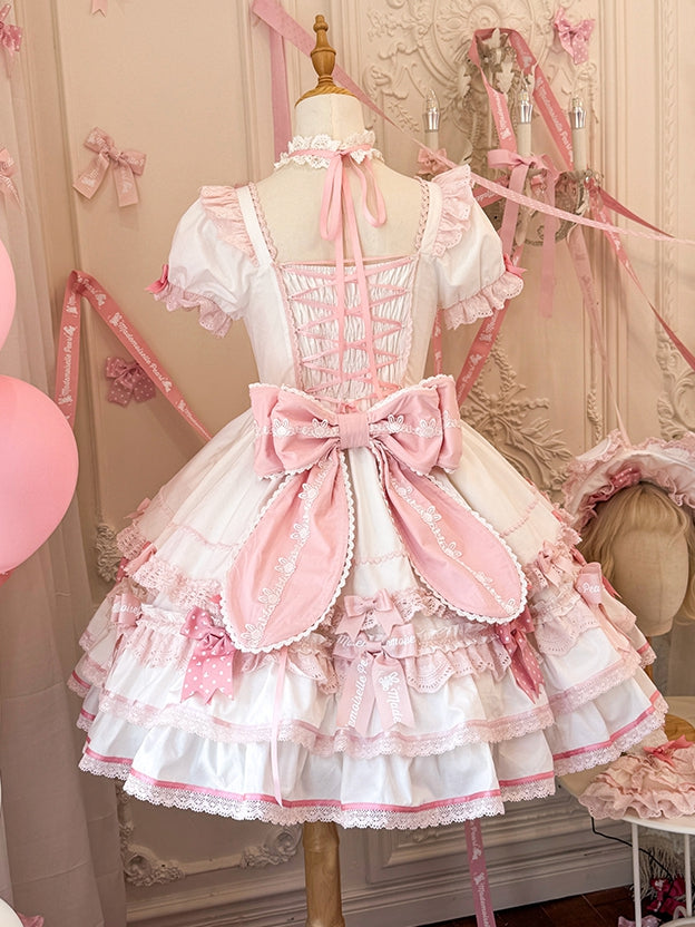 Rüschen Einteiler Rosa Weiß Süßes Prinzessinnen- und Schleifenkleid Thema Lolita Bunny Akzente