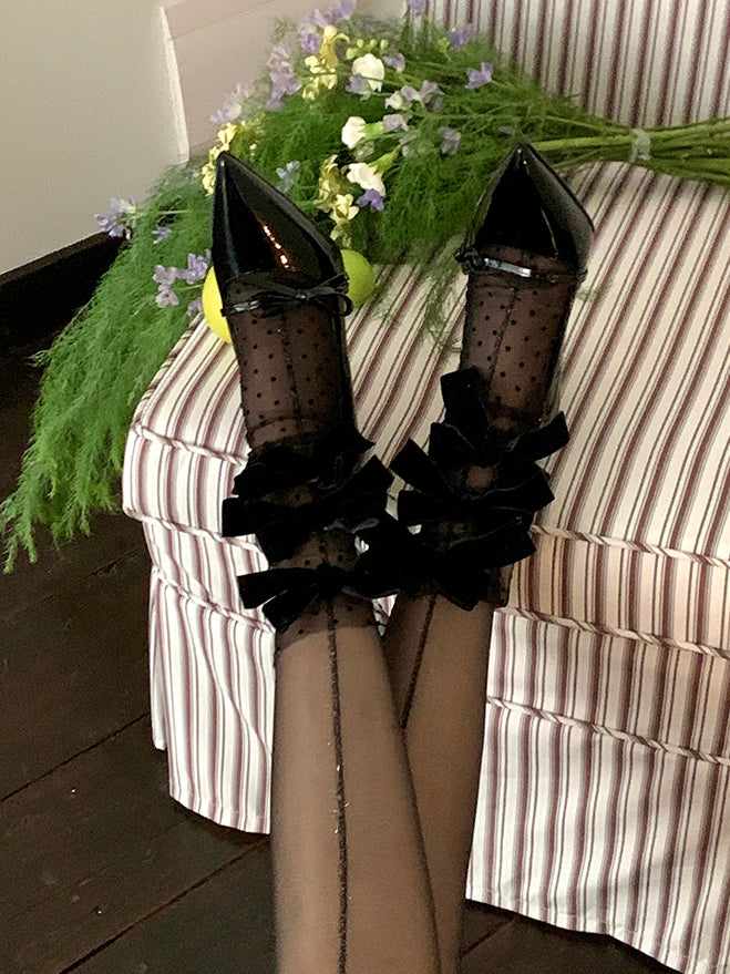 Details Polka-dot Pattern Calf Bowknot White/Black Socks