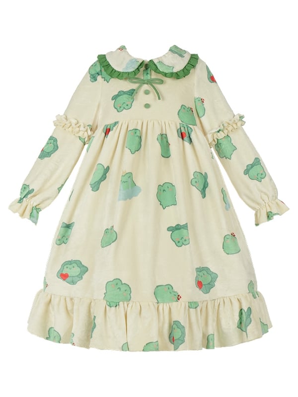 Grünes Flanell-Pyjama-Set mit Oberteil und Hose mit Frosch-Print