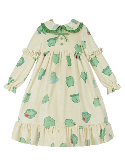 カエル柄グリーンフランネルパジャマトップパンツセット