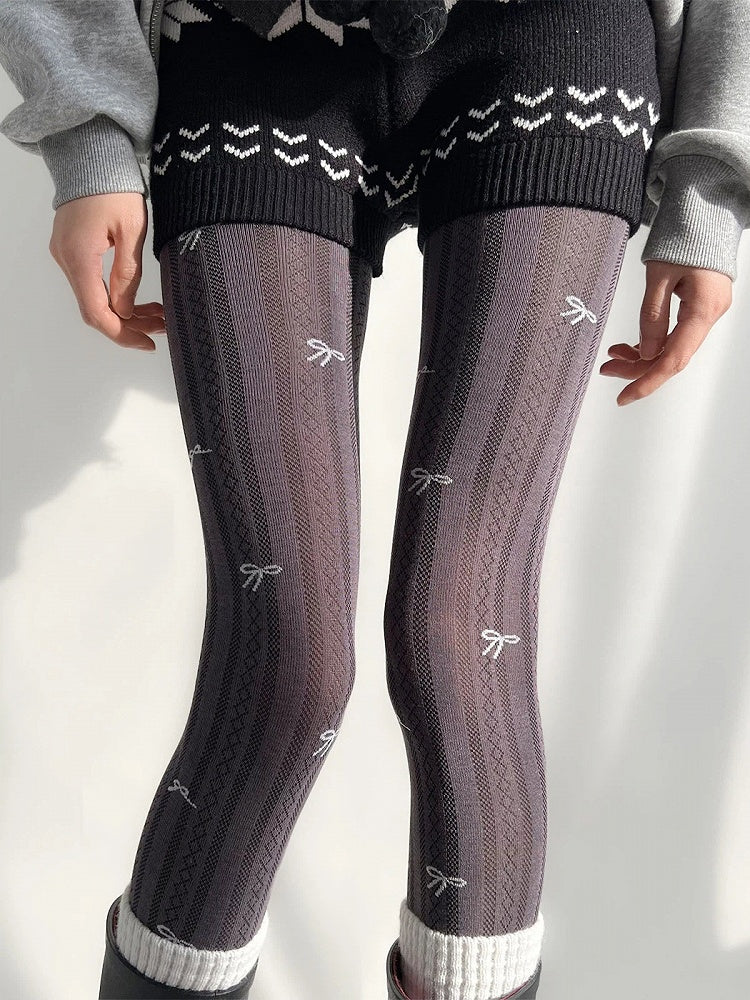 Ribbed Diamond Tights（5 Colors） Bow Pattern