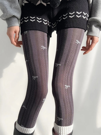 Ribbed Diamond Tights（5 Colors） Bow Pattern