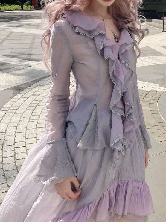 Dusty Sleeve Purple Cascading Long Flounce with Trim Top
