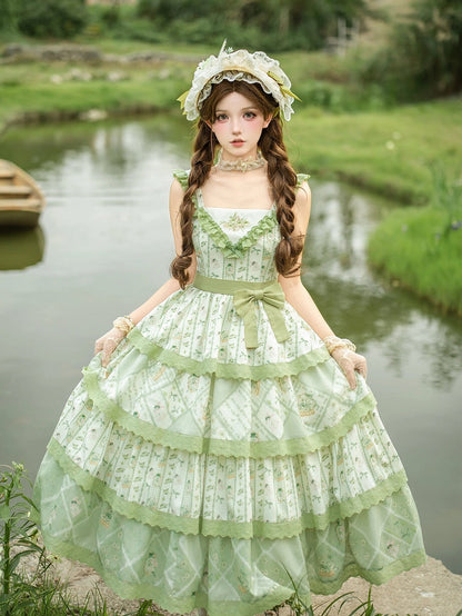 Flower Basket and Bunny Print Green Natural Kei Lolita Tiered JSK Dress - With PUJI