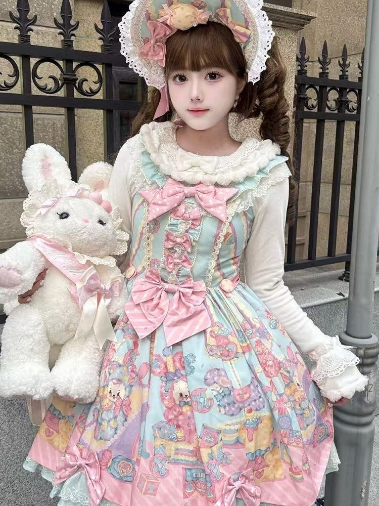 White Cuffs Top Details Lolita Bow and Plush with Long-Sleeve