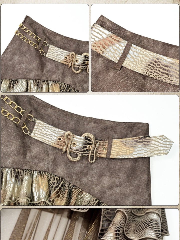 High-low Snakeskin Brown Pattern Skirt Wasteland Punk Design Tiered