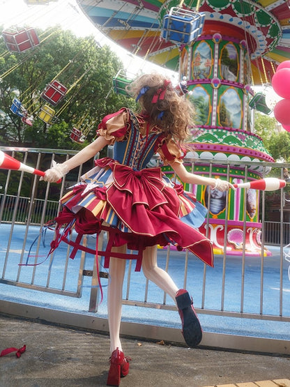 with Skirt Blue Jumper Sweet Dress Bunny Circus Embroidery and Sleeves Detachable Lolita Puff Red