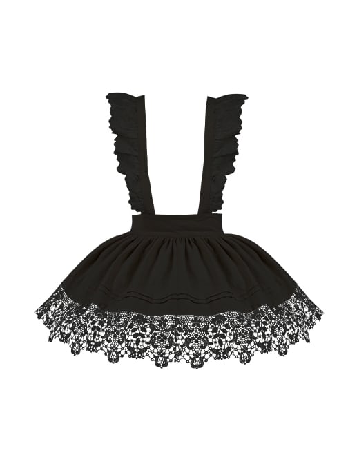 取り外し可能なショルダーストラップ付きブラックフラワーレースヘムラインエプロン